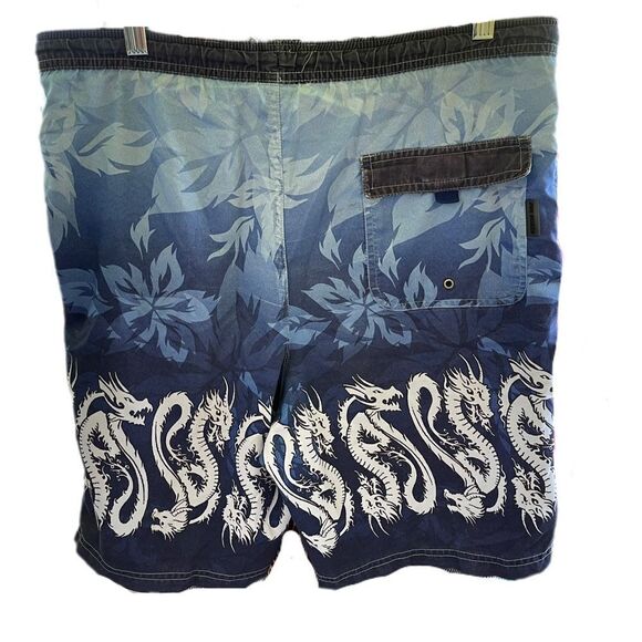 Men's Y2K Blue Board Shorts - Dragon & Floral Design Wrap Around Print SZ Small - Picture 2 of 7